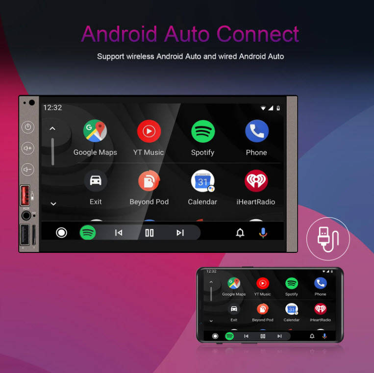 Podofo 7Inch Touch Double Din Wireless Android Auto Carplay Radio BT FM AM USB Type-C & DVR Function