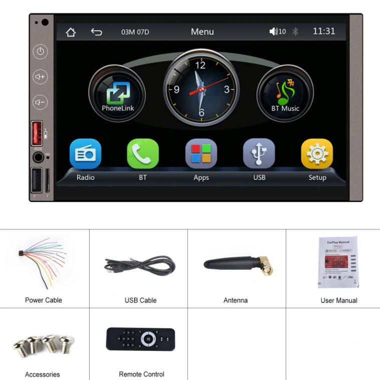 Podofo 7Inch Touch Double Din Wireless Android Auto Carplay Radio BT FM AM USB Type-C & DVR Function