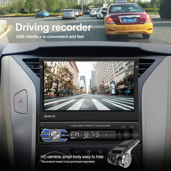 Podofo 1 Din 7" Retractable Flip Screen Car Radio Stereo with Wireless Carplay MP5 Player BT 5.1