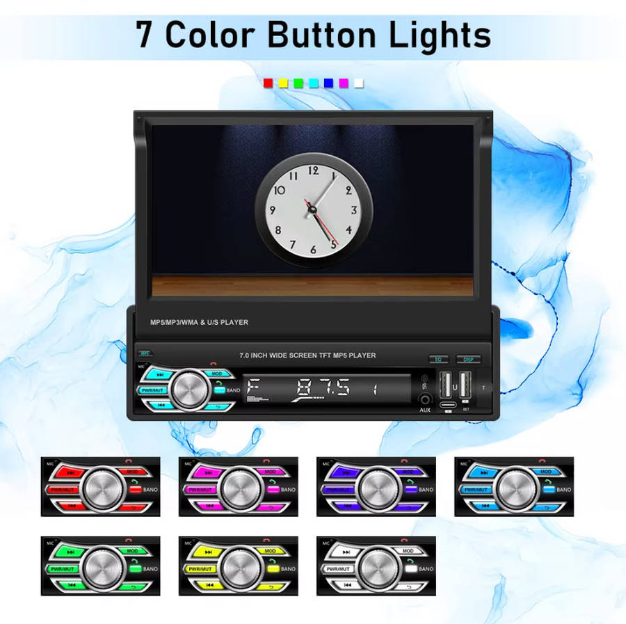 Podofo 1 Din 7" Retractable Flip Screen Car Radio Stereo with Wireless Carplay MP5 Player BT 5.1