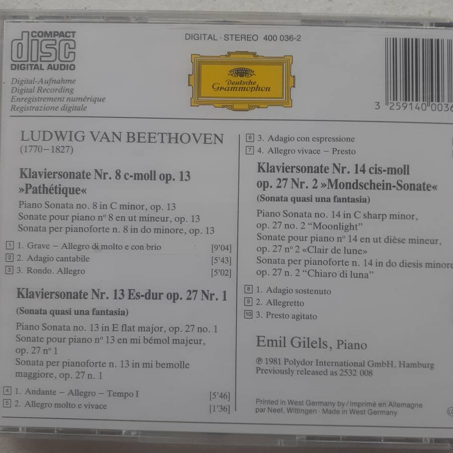 Beethoven / Emil Gilels - Sonaten - Pathétique - Mondschein/Moonlight/Clair De Lune (CD 2001)