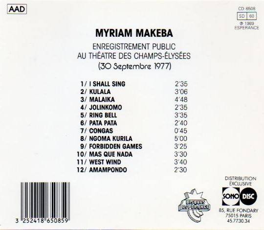 Myriam Makeba - Enregistrement Public Au Théâtre Des Champs.Élysées [Import CD] (1989)