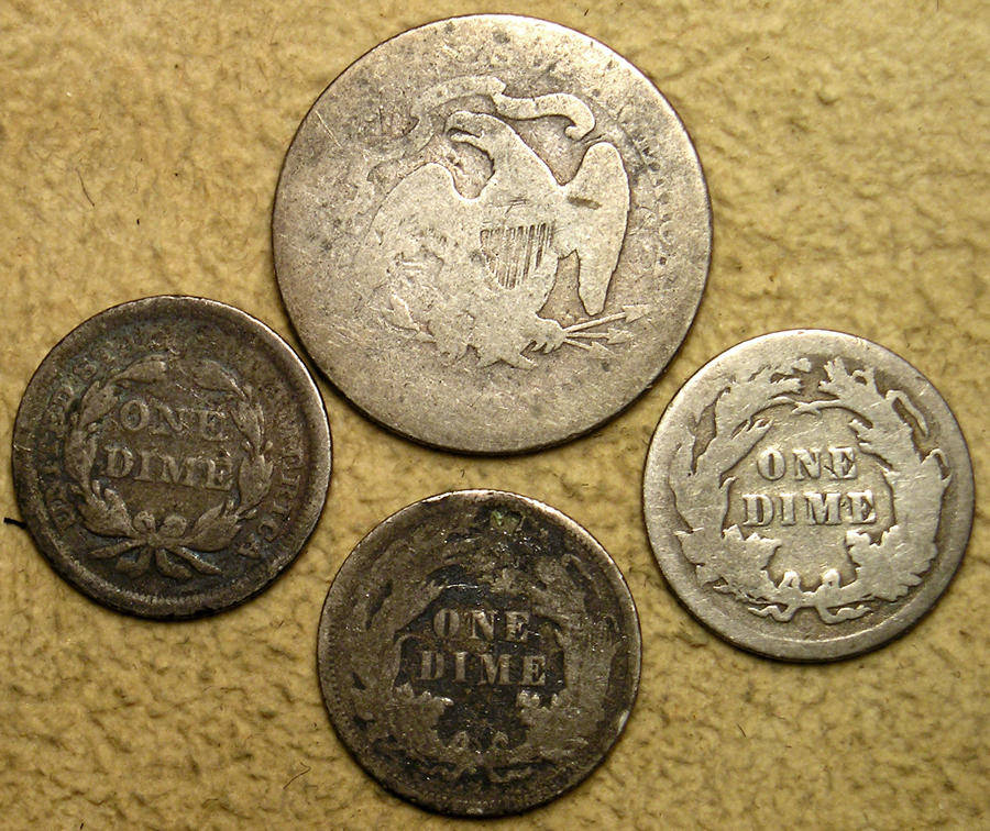 United States: Seated Liberty Silver 1876 Quarter Dollar, 1855, 187?, 1890 Dime