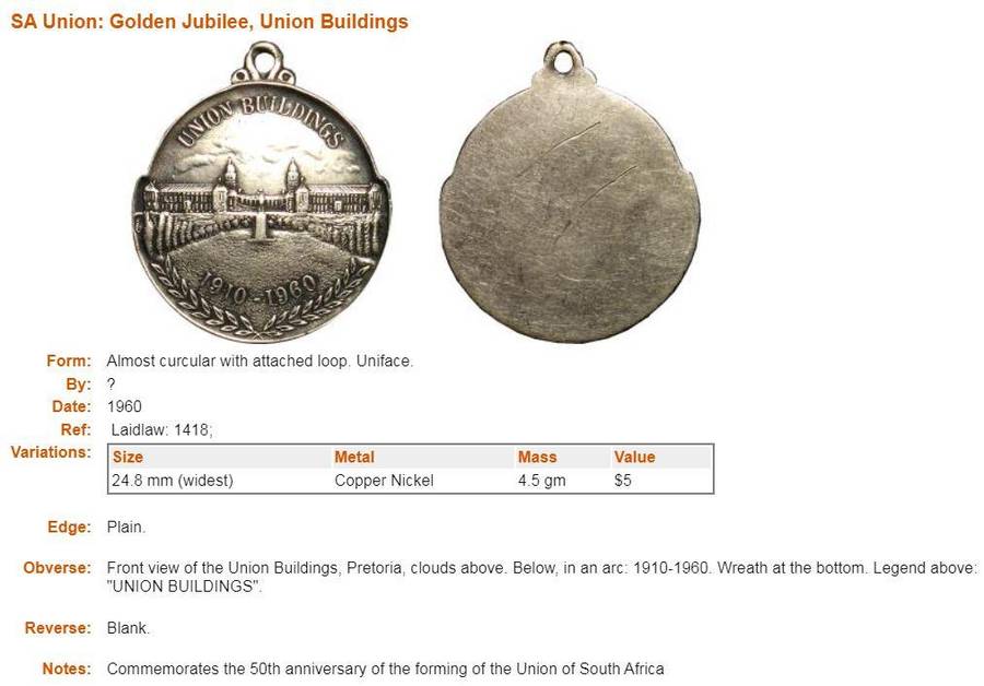 Golden Jubilee of the Union of South Africa (1910-1960) / Union Buildings Medal
