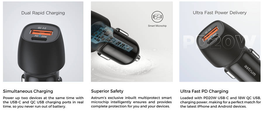 Astrum USB-C 20W Dual USB Travel Car Charger