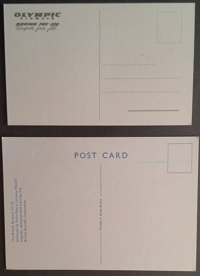 2 Unused Post Cards British Airways VC 10 and Olympic Airways Boeing 707-320