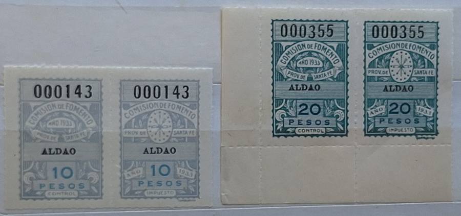 Argentina Santa Fé Aldao 1933 Comision de Fomento Revenue stamps 2 Unused Pairs