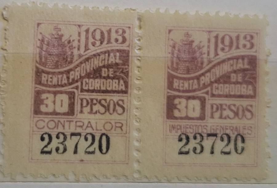 Argentina 1913 Cordoba Provincial General Fiscal Pair Unused Numbered stamps