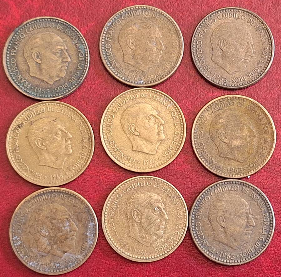 Spain 1963 x 6 1966 x3 Francisco Franco 1 Peseta Aluminium bronze