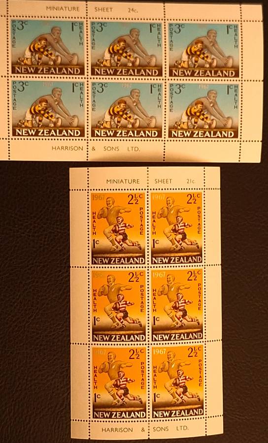 New Zealand 1967 Health Issue Rugby Set of 2 Unused Hinged Miniature Sheets
