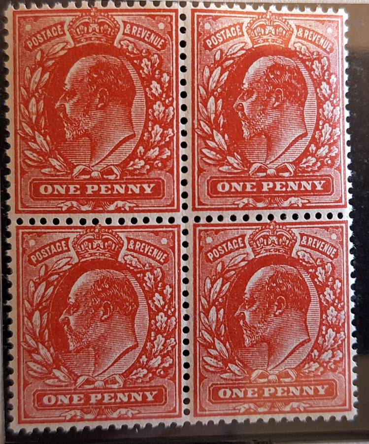 GB 1911 Edward II Stanley Gibbons Ltd 1d Rose-Red No Watermark. Block of 4 Unmounted O.G.