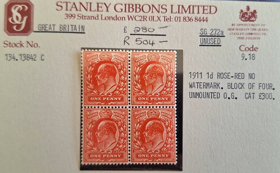 GB 1911 Edward II Stanley Gibbons Ltd 1d Rose-Red No Watermark. Block of 4 Unmounted O.G.