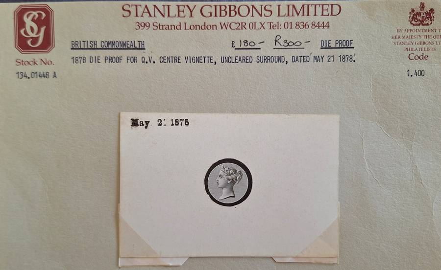 British Commmonwealth 1878 Die Proof for Q. V. Stanley Gibbons Ltd Centre Vignette Dated May 21 1878
