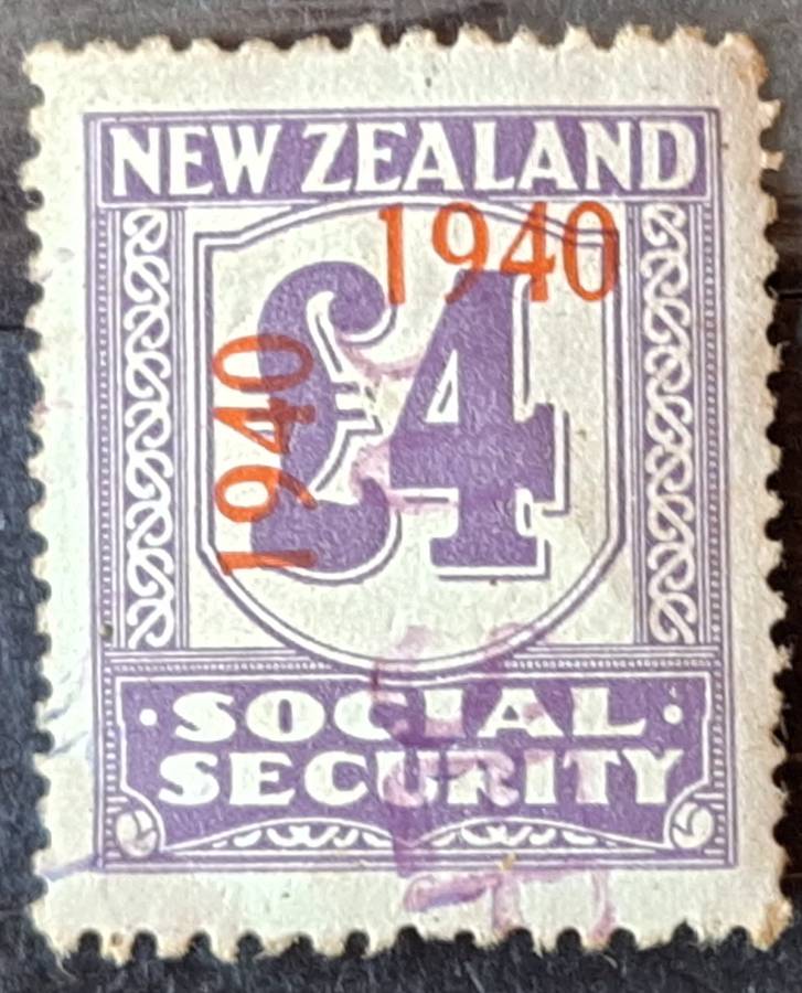 New Zealand 1940 Revenue: Social Security 1 Cancelled 4 Pound Violet stamp