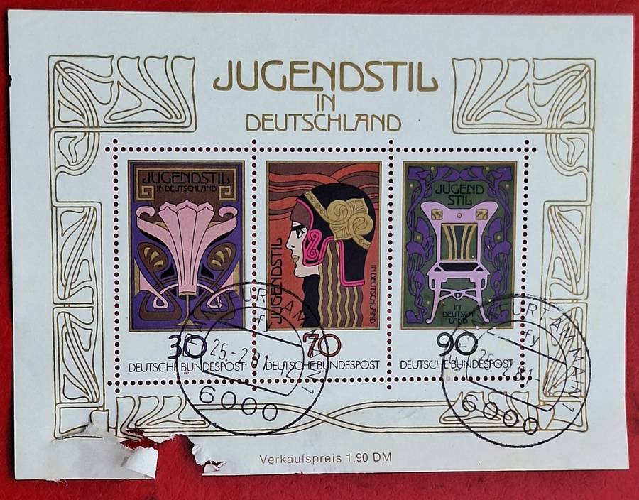 Germany 1977 Jugendstil Strip of 3 Cancelled stamps on Souvenir Sheet (damaged bottom edge)