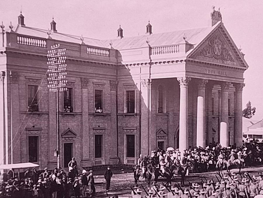 Black and White Photograph 1899 March Past Kimberley Town Hall before Seige