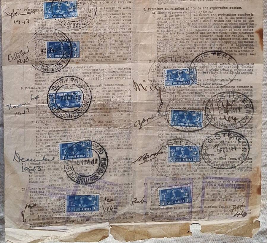 Motor Vehicle Licence Cape Province Issued 1943 Valid for Petrol Rations until 16 April 1944