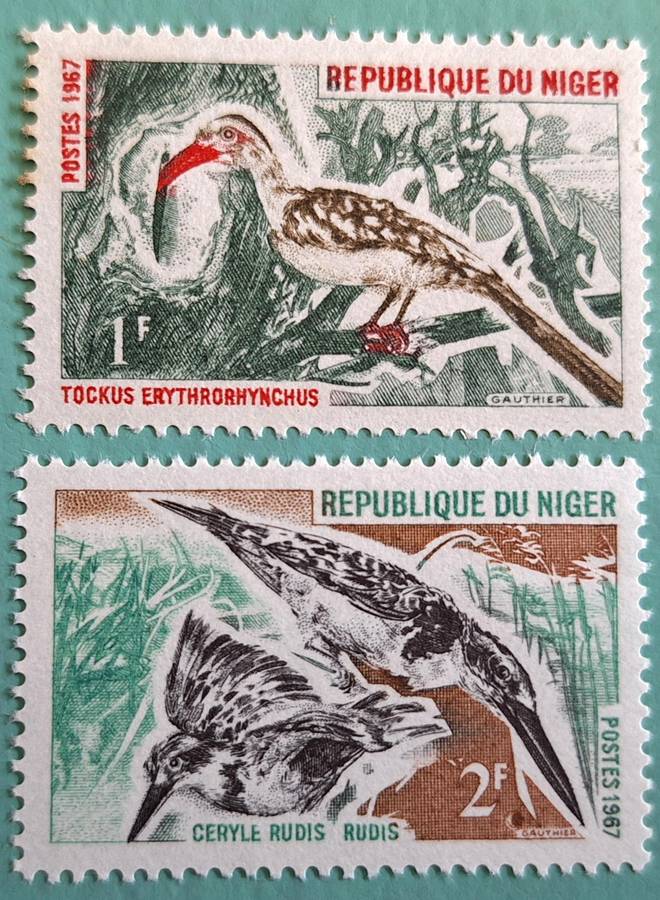 Niger  1967 Birds Red-billed Hornbill Pied Kingfisher Set of 2 Mint stamps