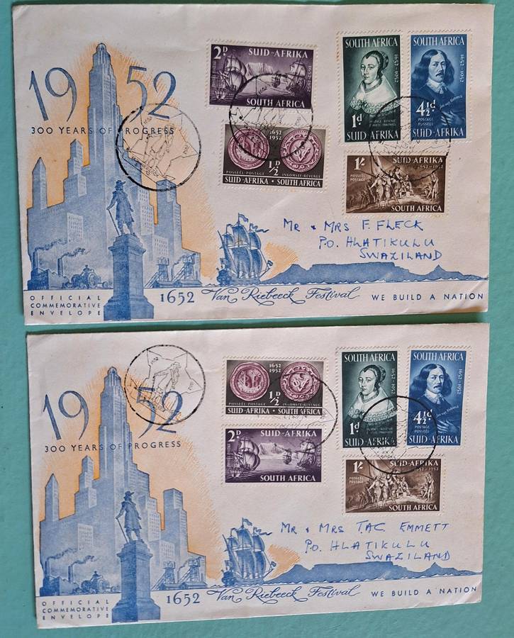 Union of SA 1952 Van Riebeeck Tercentenary 2 FDC's