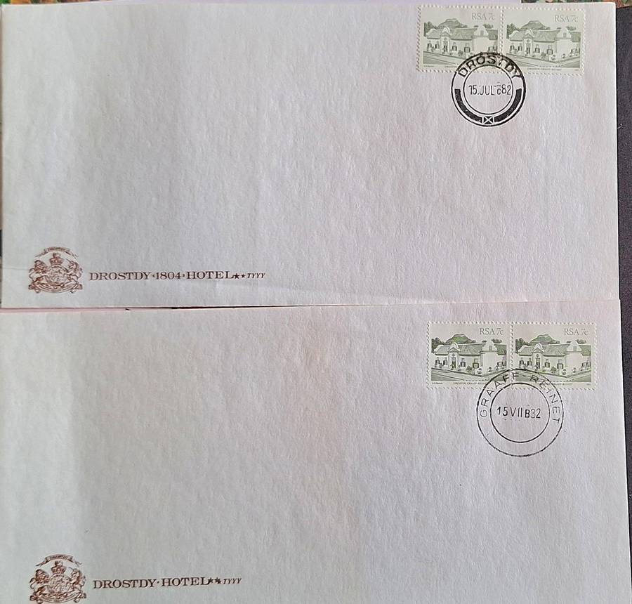 South Africa 1982 2 Drostdy Hotel Envelopes with Pair of 7c Drostdy Graaf-Reinet stamps