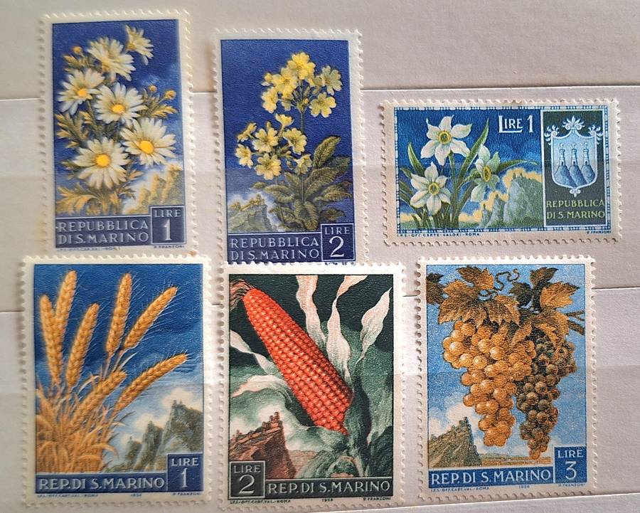 San Marino 1953 and 57 Flowers and 1959 Crops Part Sets 6 Mint stamps