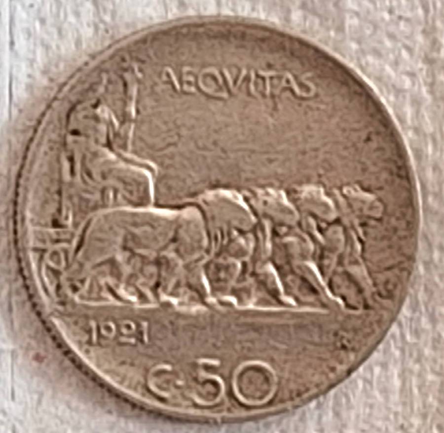 Italy 1921  Victor Emmanuel III 50 Centesimi Reeded edge Nickel