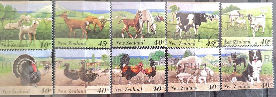 New Zealand 1995 Farm Animals 10 Used Booklet stamps Mixed 40c and 45c values