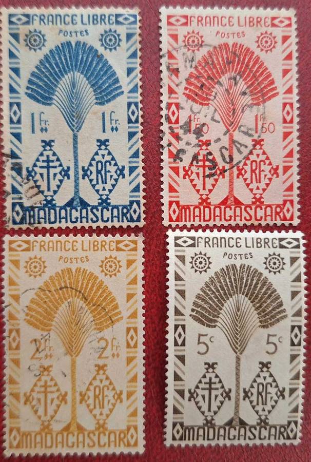 Madagascar 1943 Travellers Palm France Libre 3 Used and 1 Unused stamp
