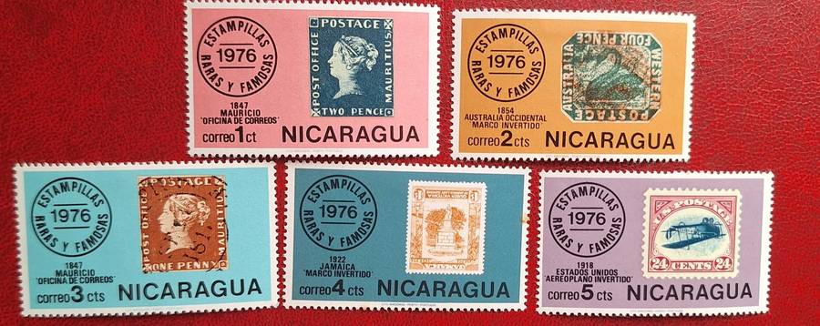 Nicaragua 1976 Rare Stamps on Stamps 5 Unused Hinged with details of Rare item on Back
