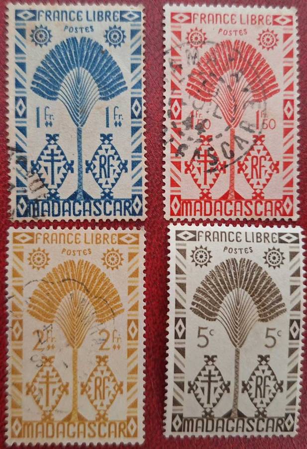 Madagascar 1943 Travellers Palm France Libre 3 Used and 1 Unused stamp
