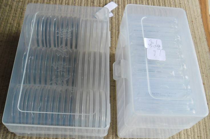 PLASTIC HOLDER WITH 45 COIN HOLDERS PLUAS BOX WITH 10 CLEAR SLABS USED CONDITION