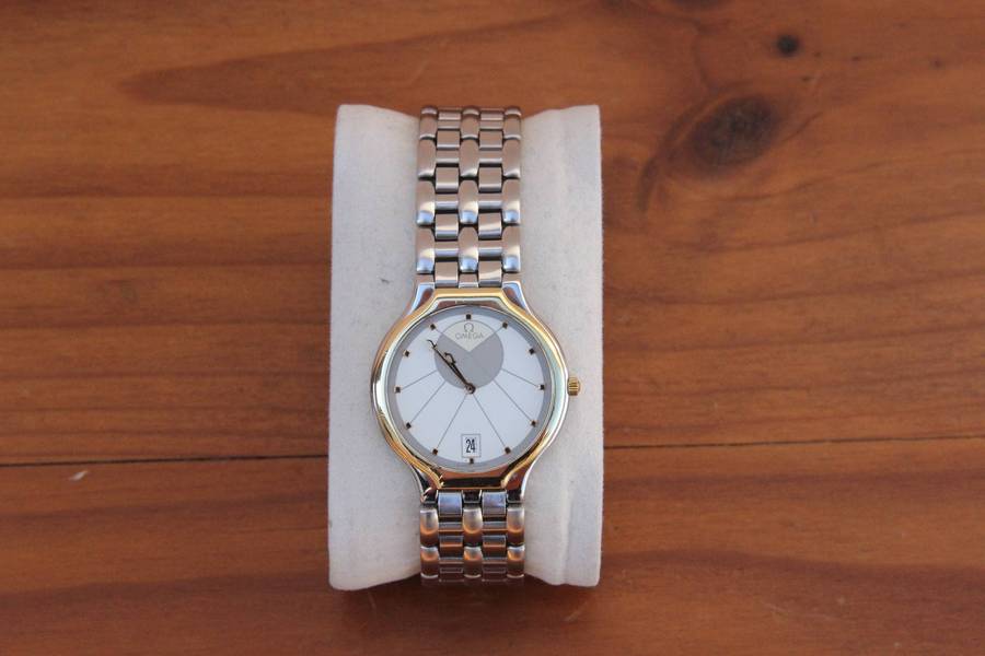 RARE OMEGA DEVILLE QUARTZ 'SYMBOL' WATCH - STAINLESS STEEL & 18K GOLD BEZEL