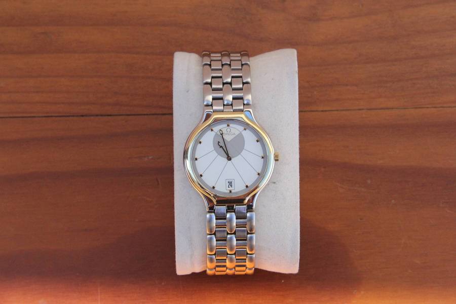 RARE OMEGA DEVILLE QUARTZ 'SYMBOL' WATCH - STAINLESS STEEL & 18K GOLD BEZEL