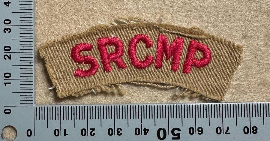 SRCMP Southern Rhodesia Corps of Military Police - SHOULDER TITLE CLOTH - Red on Sand Twill Backing