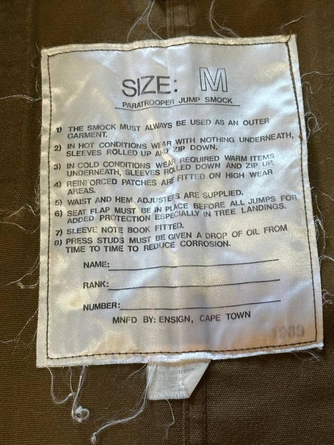 SADF PARA JUMP SMOCK (SLANGVEL) - NUTRIA, Mnfd by Ensign, Cape Town, Size Medium WITH FLASHES