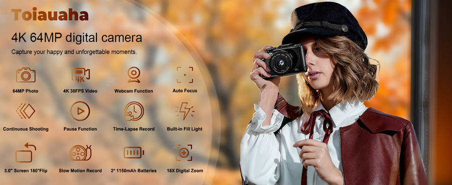 4K Compact Digital Camera, 64MP, 18x digital zoom