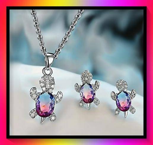 Multicolour necklace and earring set with cute turtle design