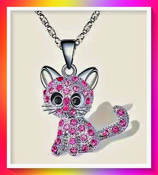 Cute pink rhinestone encrusted kitten pendent necklace