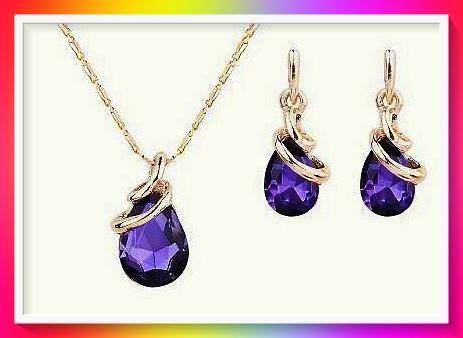 Deep Purple Water Drop Shaped Crystal Pendant Necklace and Earrings Jewellery Set