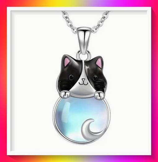 Cute Moonstone Feline Charm with Simulated Opal Gemstone Necklace