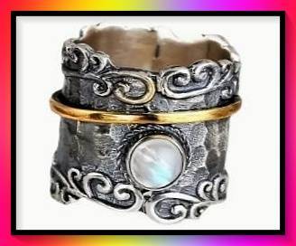 Vintage-Inspired Wide Band Ring with Moonstone & Intricate Floral Engravings S10