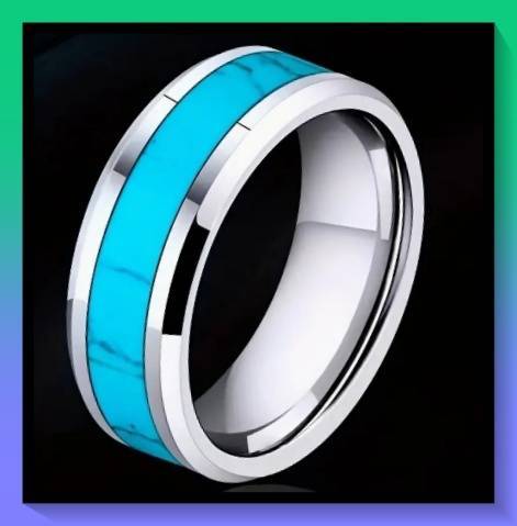 Stunning Faux Titanium Steel Ring, Synthetic Turquoise Blue S8