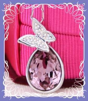 Splendid pink teardrop butterfly pendant necklace