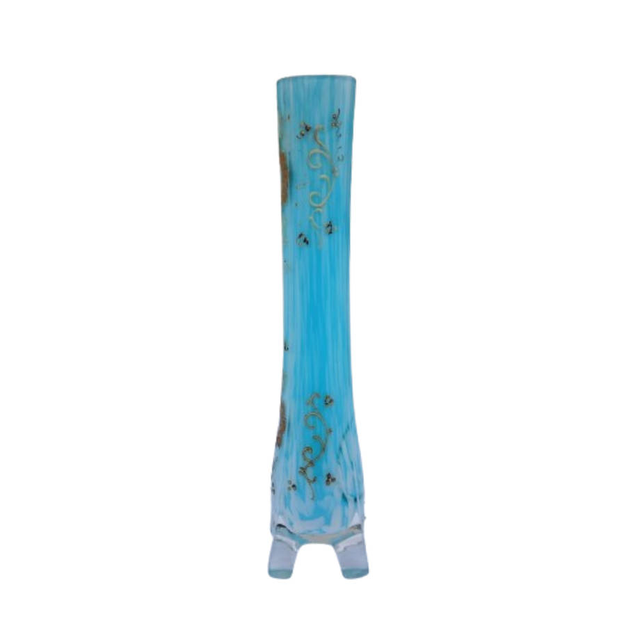 Beautiful Vintage Milky Blue Glass Bud Vase with Gold Detail