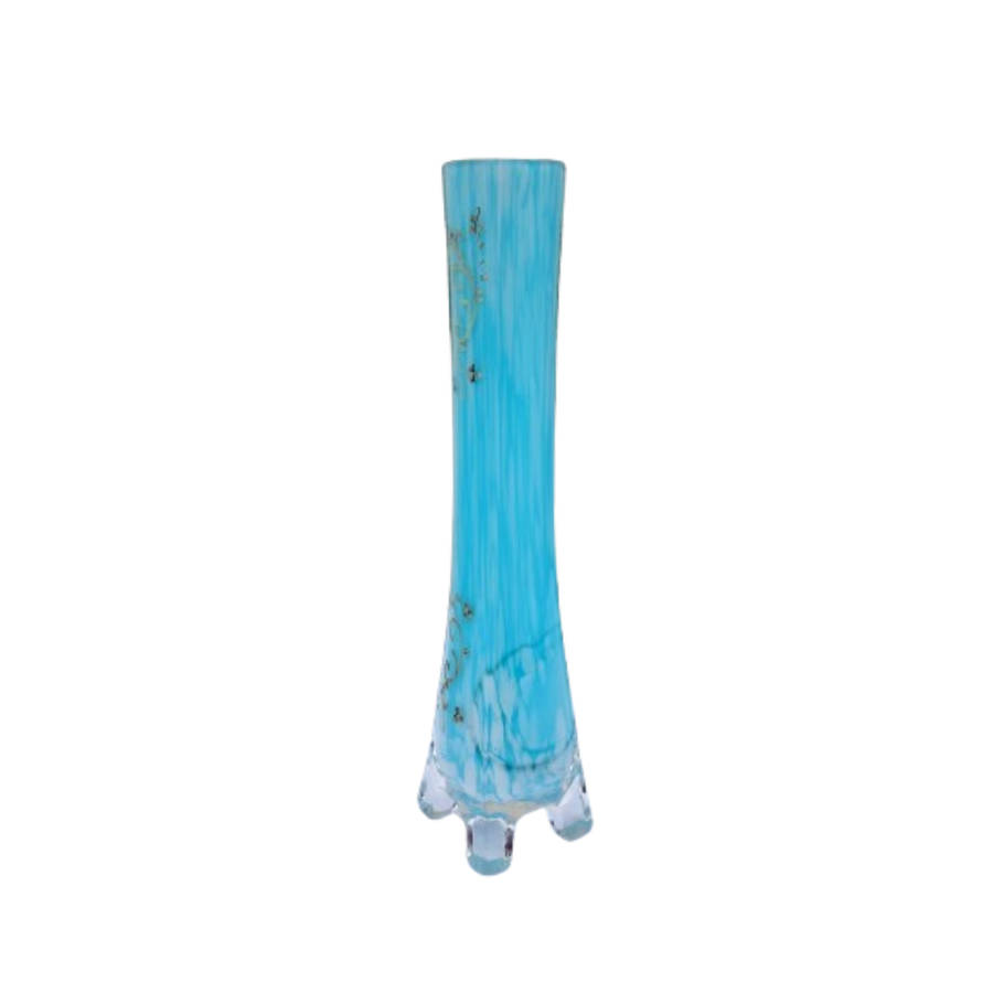 Beautiful Vintage Milky Blue Glass Bud Vase with Gold Detail