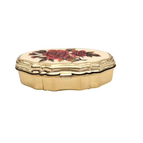 Vintage Gold Tone Hinged With Rose Flower Design Travel Size Pill Holder