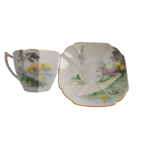 Shelley Fine Bone China Green Queen Anne Duo