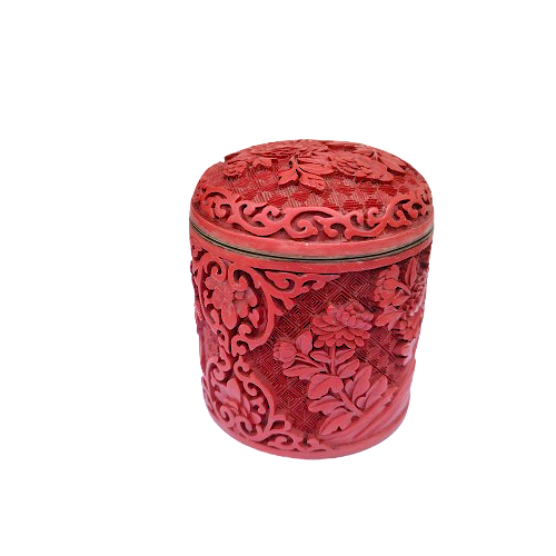 Cinnabar Chinese Carved Ginger Lidded Tea Jar with Blue Enamel interior