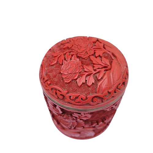 Cinnabar Chinese Carved Ginger Lidded Tea Jar with Blue Enamel interior