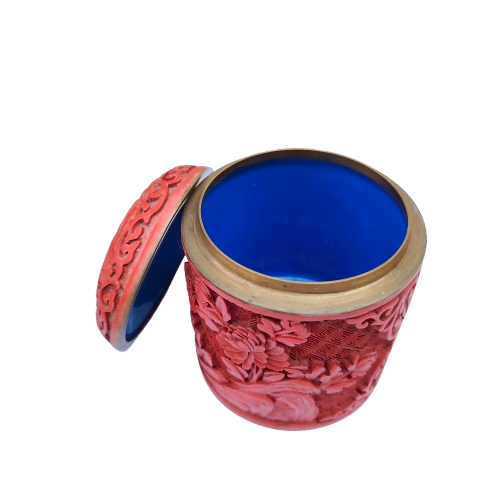 Cinnabar Chinese Carved Ginger Lidded Tea Jar with Blue Enamel interior